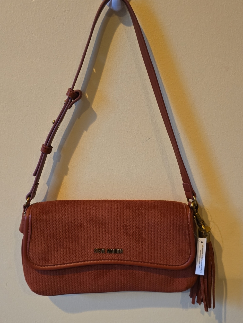 Steve Madden Cognac Brown Woven Boho Shoulder Bag Tassel NWOT